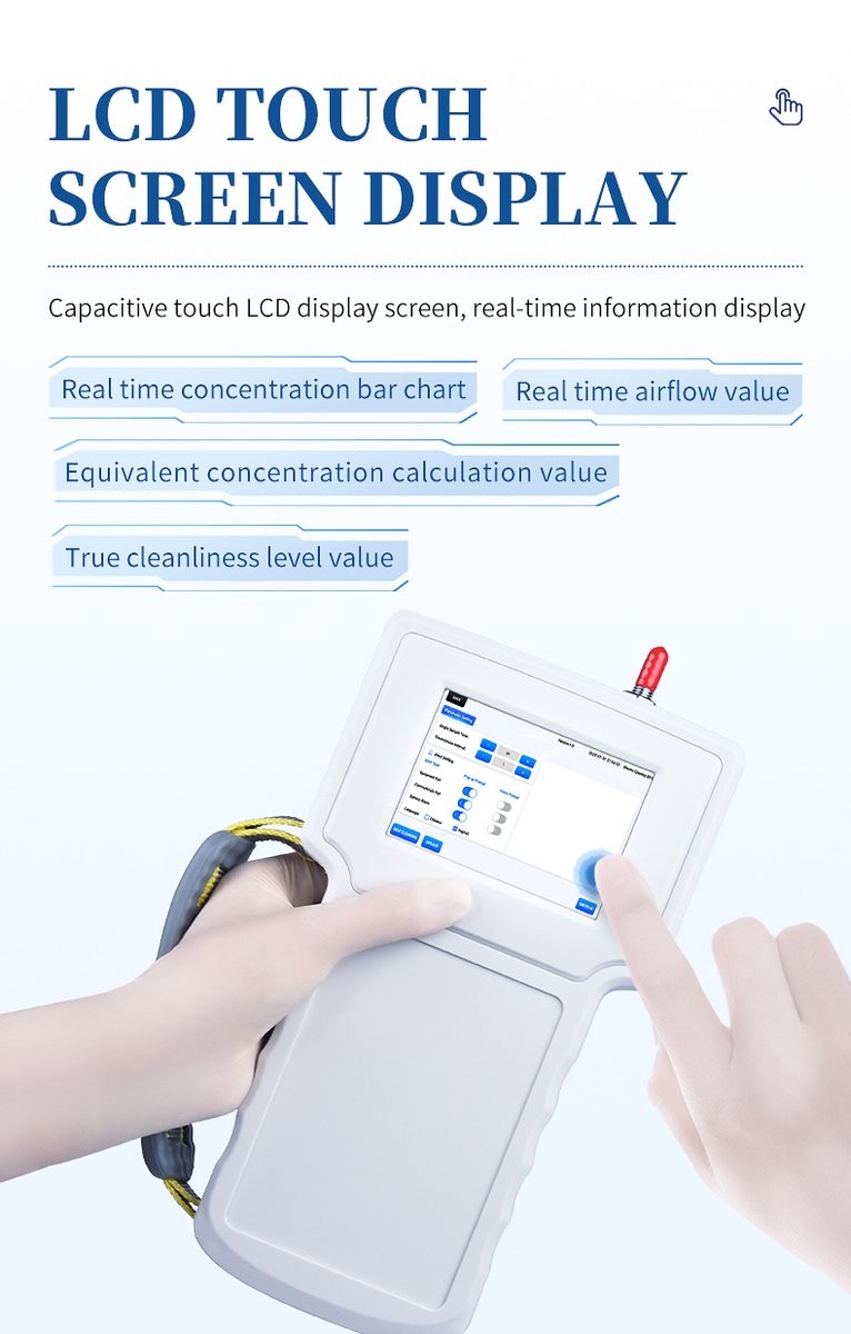 HM-SCL capacitive LCD screen showing live particle concentration and cleanliness grade during audit sampling