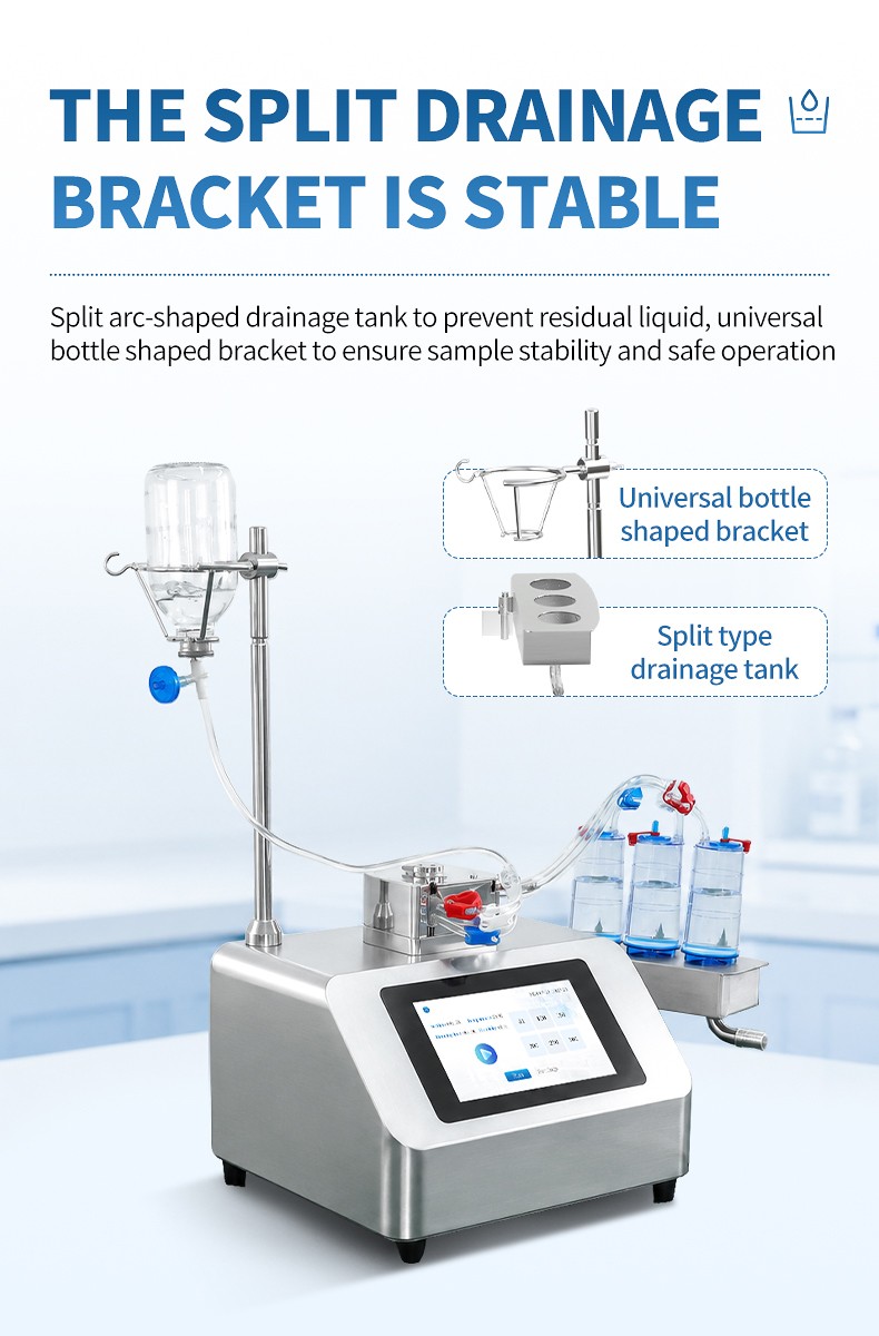 Sterility testing pump drainage tray and bottle bracket