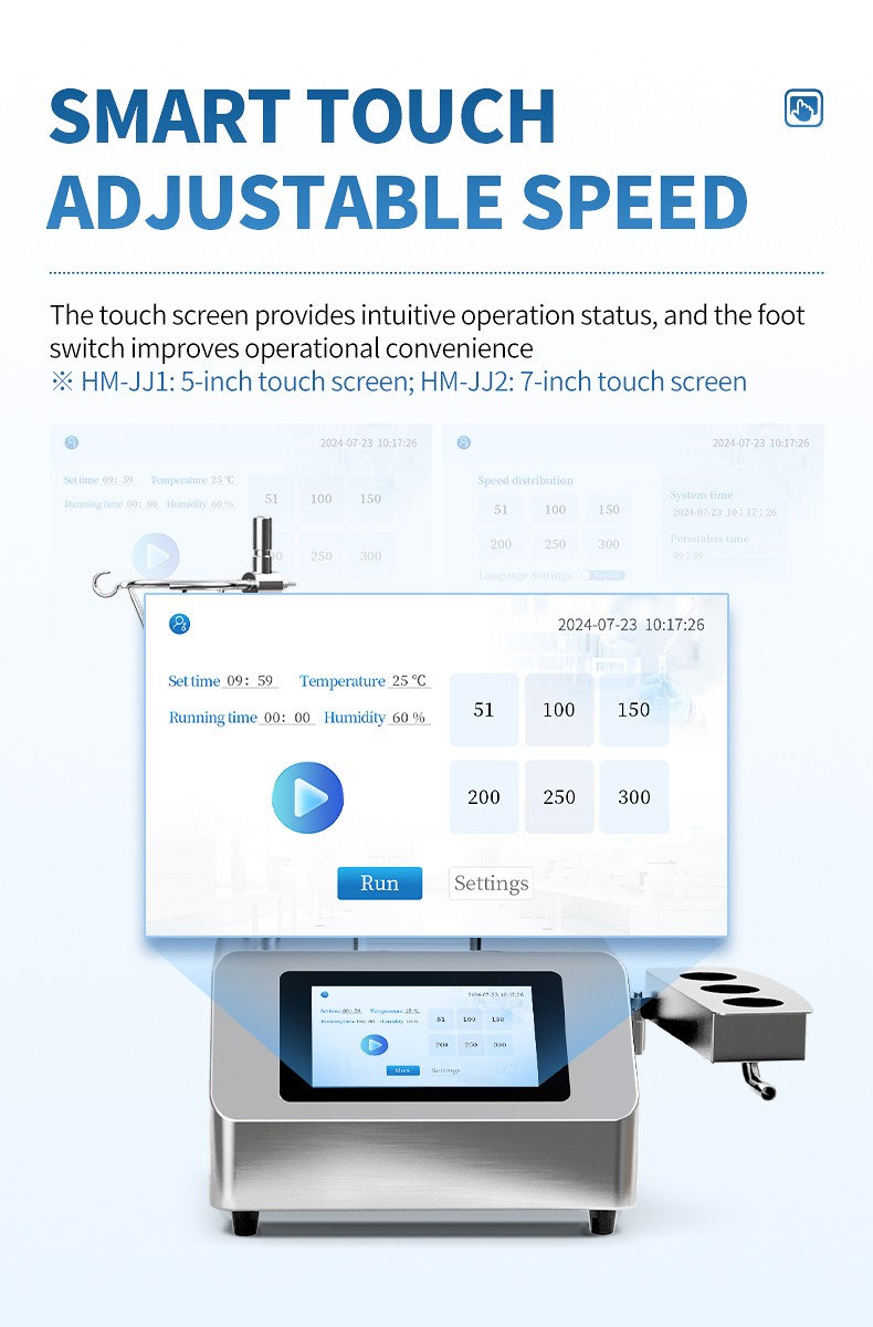 Sterility testing pump touchscreen and speed settings